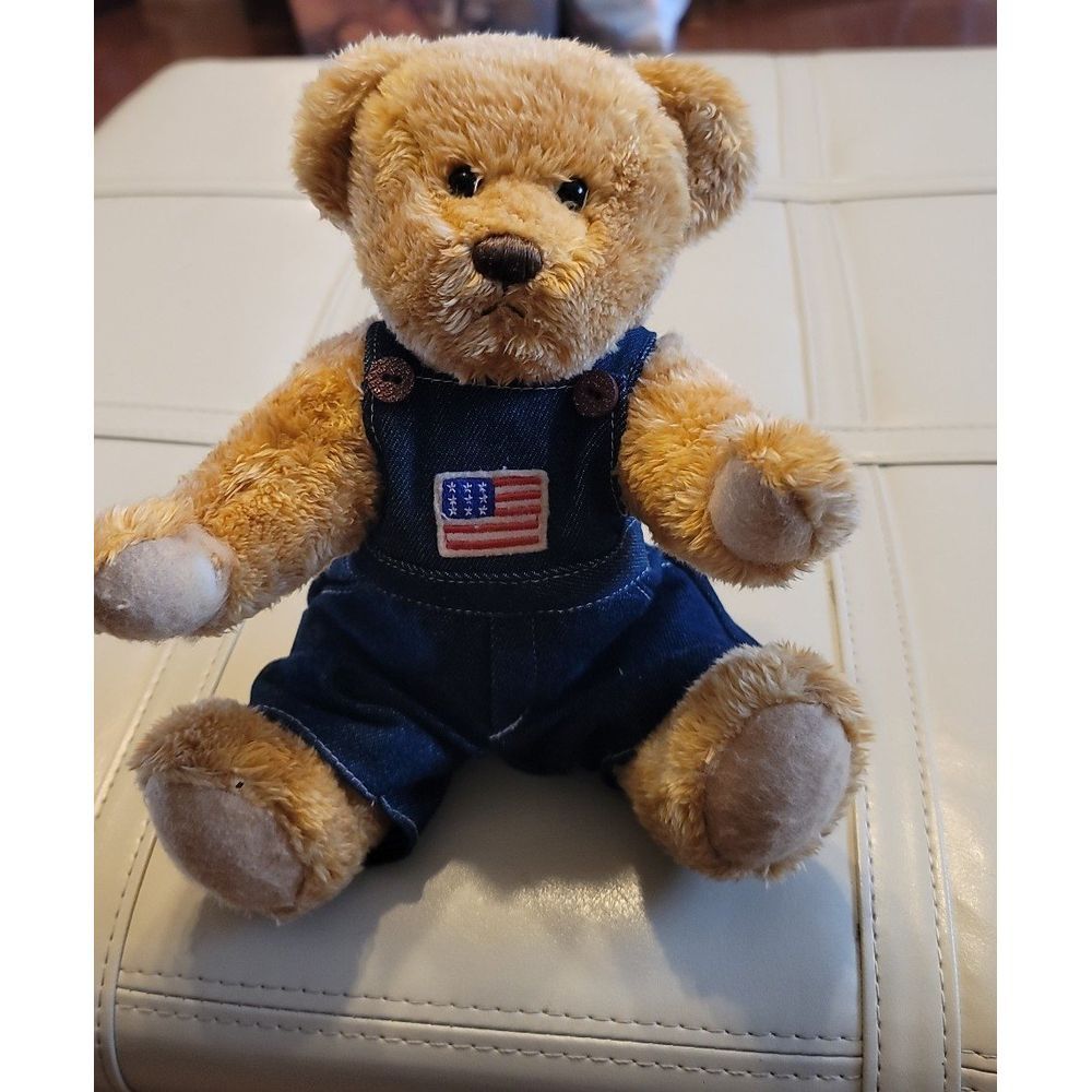 Bestway‎ Toys Fully Jointed Teddy in Denim Overalls with American Flag